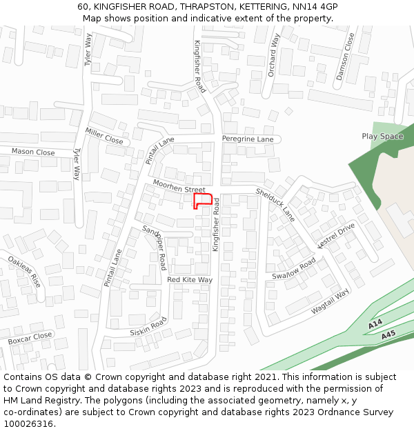 60, KINGFISHER ROAD, THRAPSTON, KETTERING, NN14 4GP: Location map and indicative extent of plot