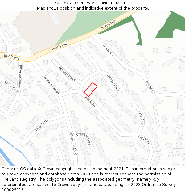 60, LACY DRIVE, WIMBORNE, BH21 1DG: Location map and indicative extent of plot