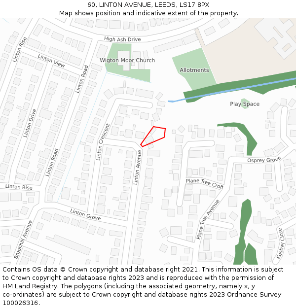 60, LINTON AVENUE, LEEDS, LS17 8PX: Location map and indicative extent of plot