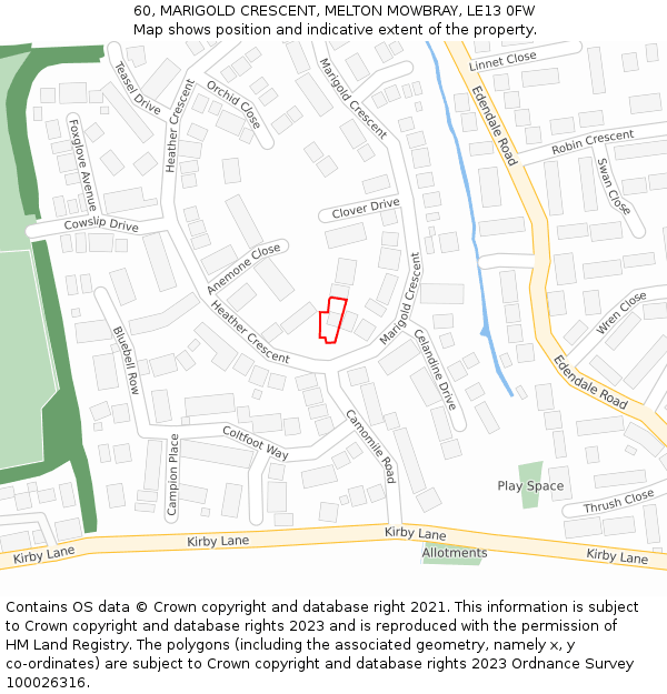 60, MARIGOLD CRESCENT, MELTON MOWBRAY, LE13 0FW: Location map and indicative extent of plot