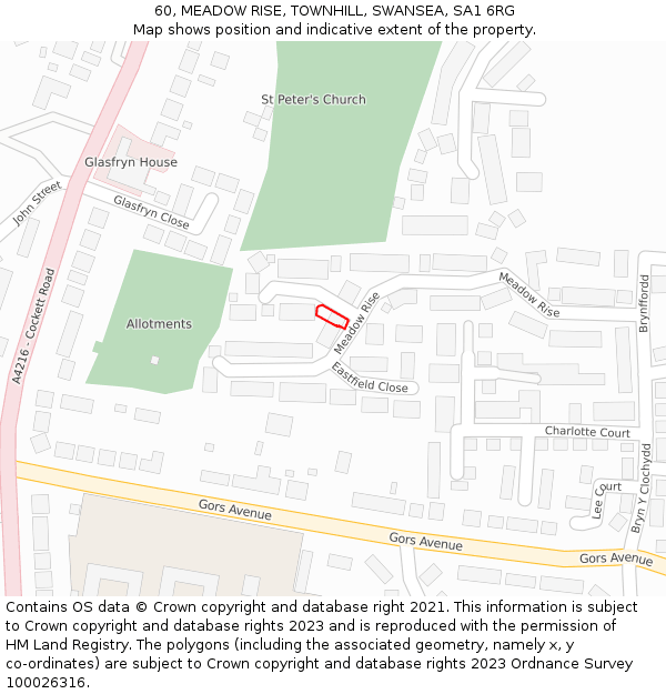 60, MEADOW RISE, TOWNHILL, SWANSEA, SA1 6RG: Location map and indicative extent of plot