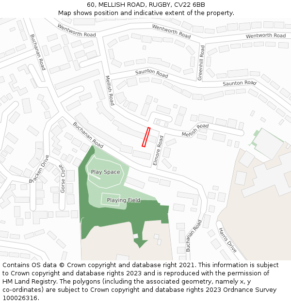 60, MELLISH ROAD, RUGBY, CV22 6BB: Location map and indicative extent of plot