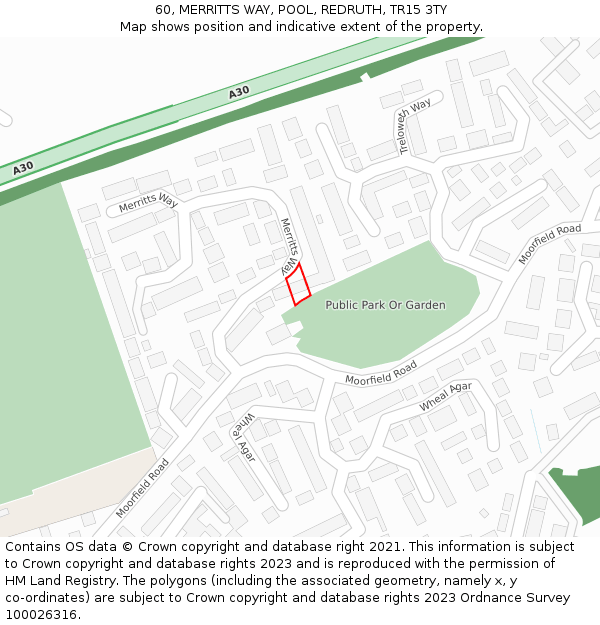 60, MERRITTS WAY, POOL, REDRUTH, TR15 3TY: Location map and indicative extent of plot