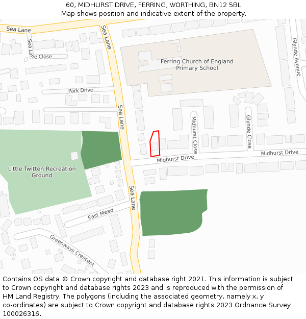 60, MIDHURST DRIVE, FERRING, WORTHING, BN12 5BL: Location map and indicative extent of plot