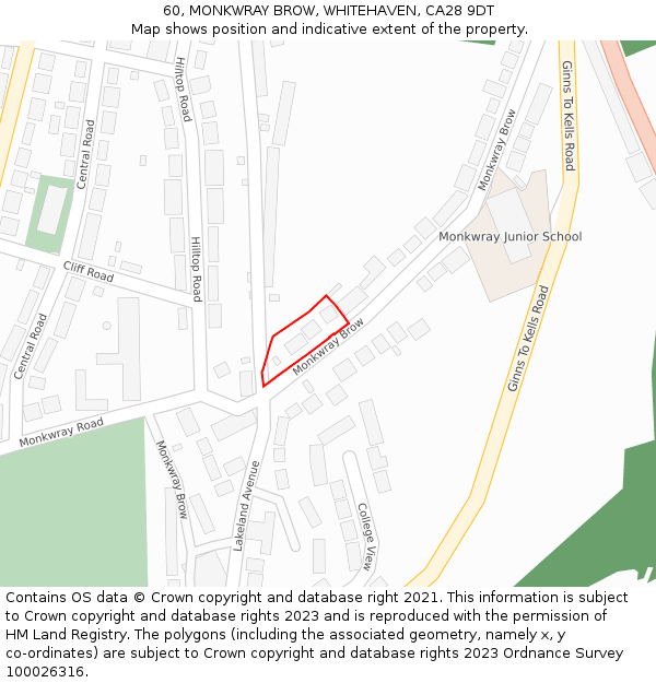 60, MONKWRAY BROW, WHITEHAVEN, CA28 9DT: Location map and indicative extent of plot