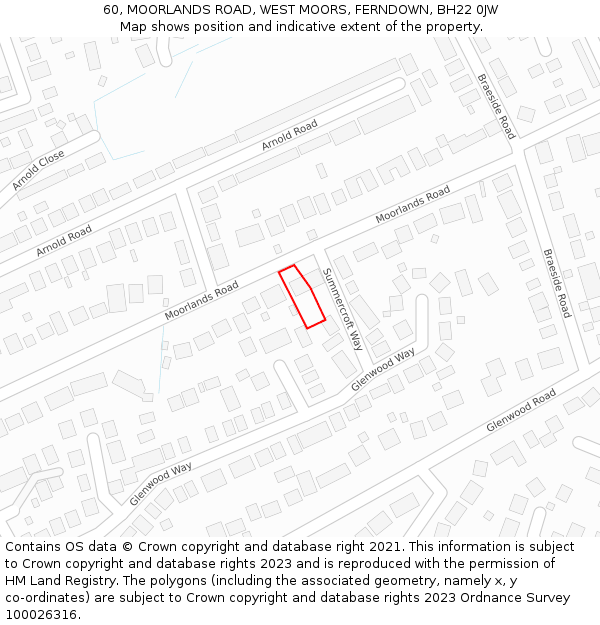 60, MOORLANDS ROAD, WEST MOORS, FERNDOWN, BH22 0JW: Location map and indicative extent of plot