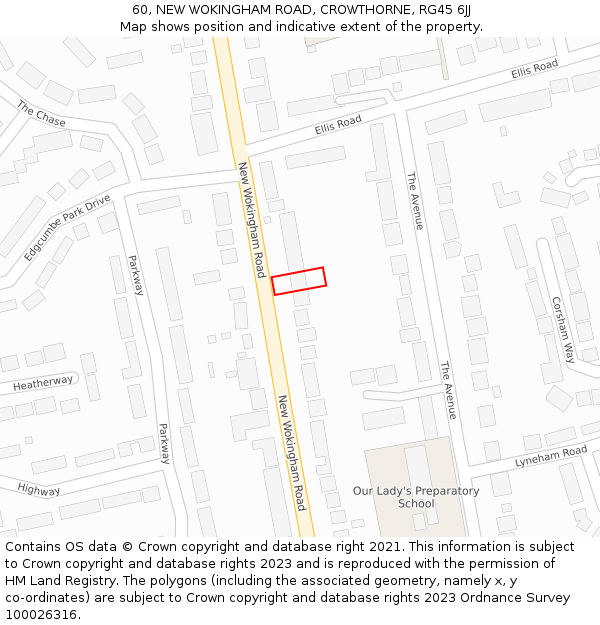 60, NEW WOKINGHAM ROAD, CROWTHORNE, RG45 6JJ: Location map and indicative extent of plot