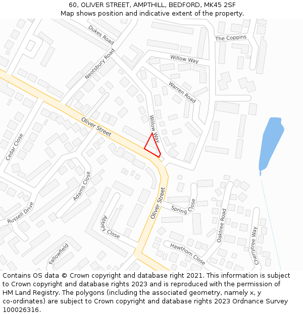 60, OLIVER STREET, AMPTHILL, BEDFORD, MK45 2SF: Location map and indicative extent of plot