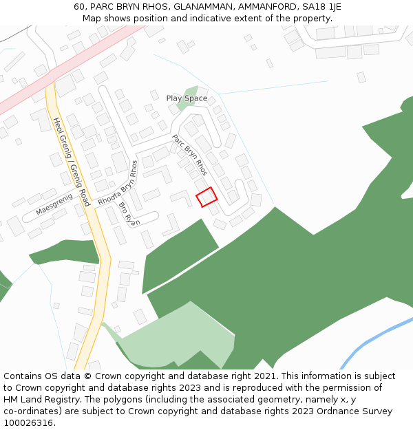 60, PARC BRYN RHOS, GLANAMMAN, AMMANFORD, SA18 1JE: Location map and indicative extent of plot