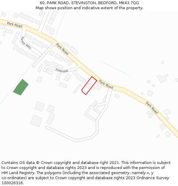 60, PARK ROAD, STEVINGTON, BEDFORD, MK43 7QG: Location map and indicative extent of plot