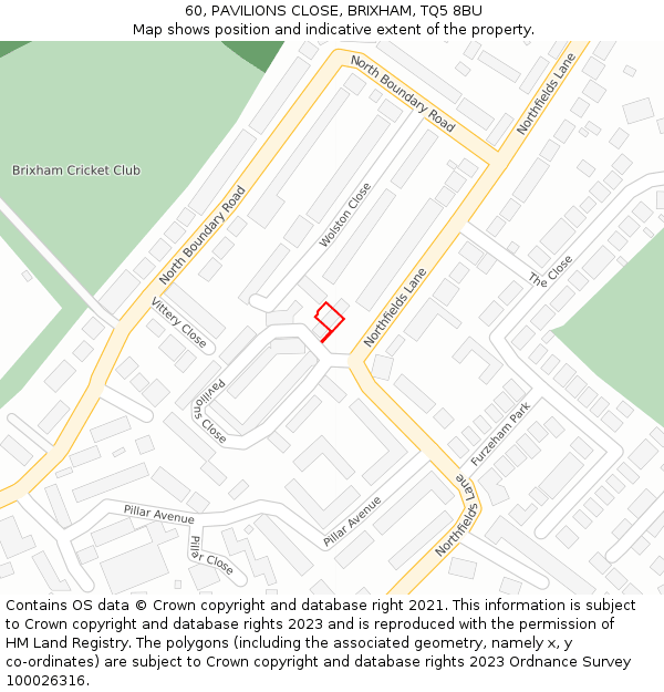 60, PAVILIONS CLOSE, BRIXHAM, TQ5 8BU: Location map and indicative extent of plot