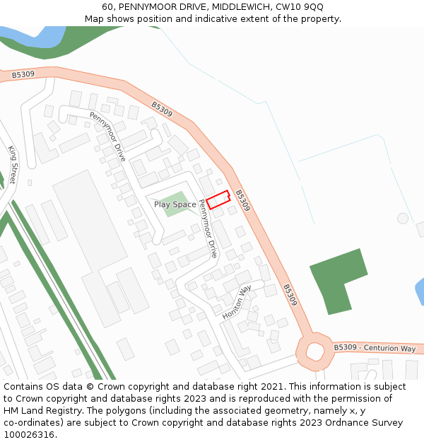 60, PENNYMOOR DRIVE, MIDDLEWICH, CW10 9QQ: Location map and indicative extent of plot