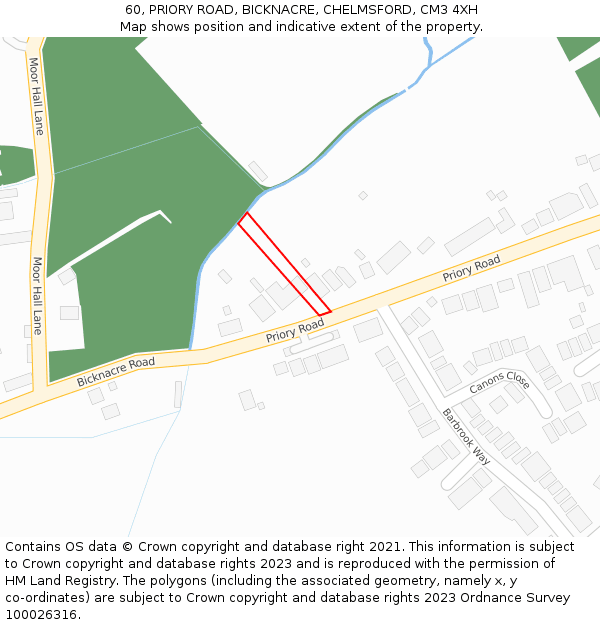 60, PRIORY ROAD, BICKNACRE, CHELMSFORD, CM3 4XH: Location map and indicative extent of plot