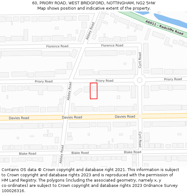 60, PRIORY ROAD, WEST BRIDGFORD, NOTTINGHAM, NG2 5HW: Location map and indicative extent of plot