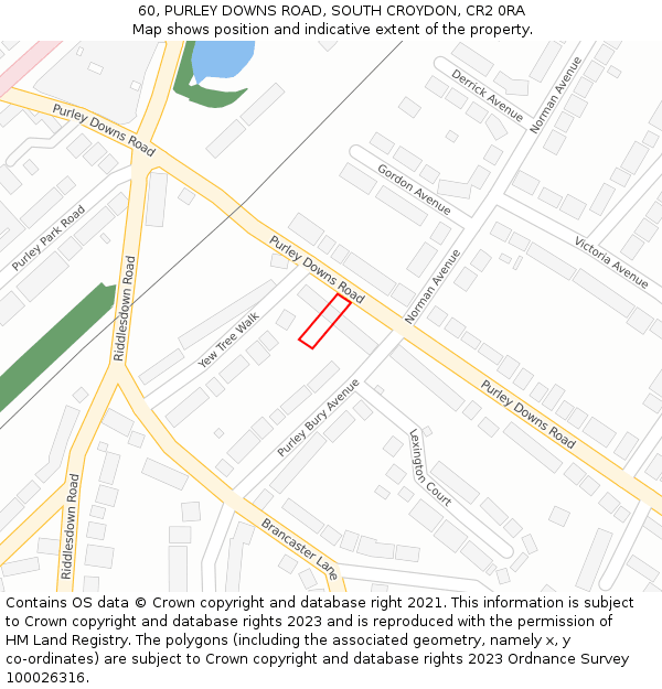 60, PURLEY DOWNS ROAD, SOUTH CROYDON, CR2 0RA: Location map and indicative extent of plot