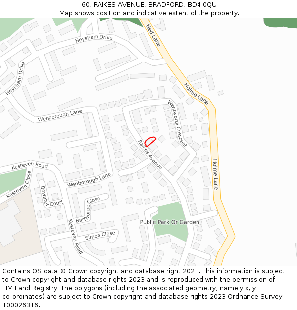 60, RAIKES AVENUE, BRADFORD, BD4 0QU: Location map and indicative extent of plot