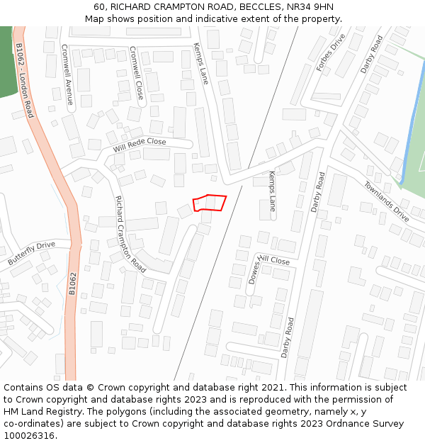 60, RICHARD CRAMPTON ROAD, BECCLES, NR34 9HN: Location map and indicative extent of plot