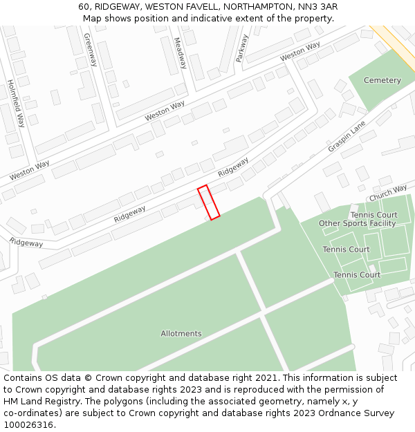 60, RIDGEWAY, WESTON FAVELL, NORTHAMPTON, NN3 3AR: Location map and indicative extent of plot