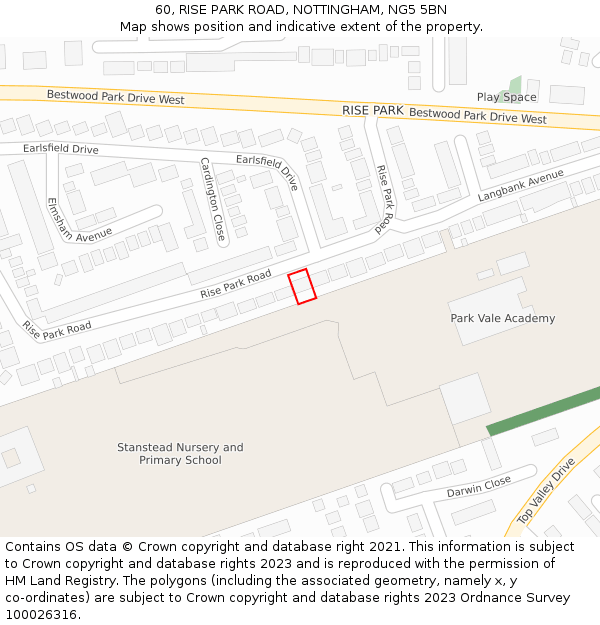 60, RISE PARK ROAD, NOTTINGHAM, NG5 5BN: Location map and indicative extent of plot