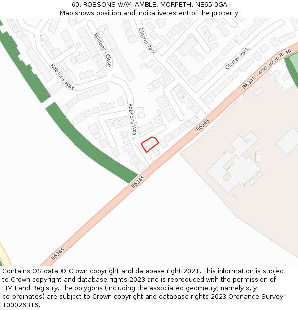 60, ROBSONS WAY, AMBLE, MORPETH, NE65 0GA: Location map and indicative extent of plot