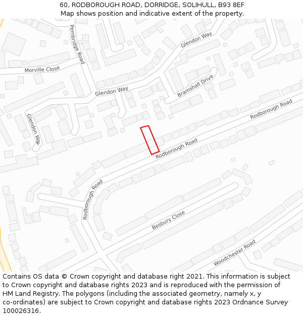 60, RODBOROUGH ROAD, DORRIDGE, SOLIHULL, B93 8EF: Location map and indicative extent of plot