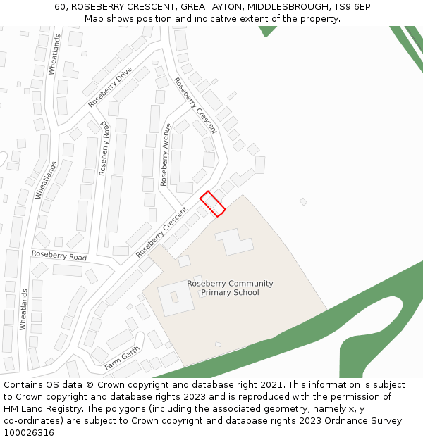 60, ROSEBERRY CRESCENT, GREAT AYTON, MIDDLESBROUGH, TS9 6EP: Location map and indicative extent of plot