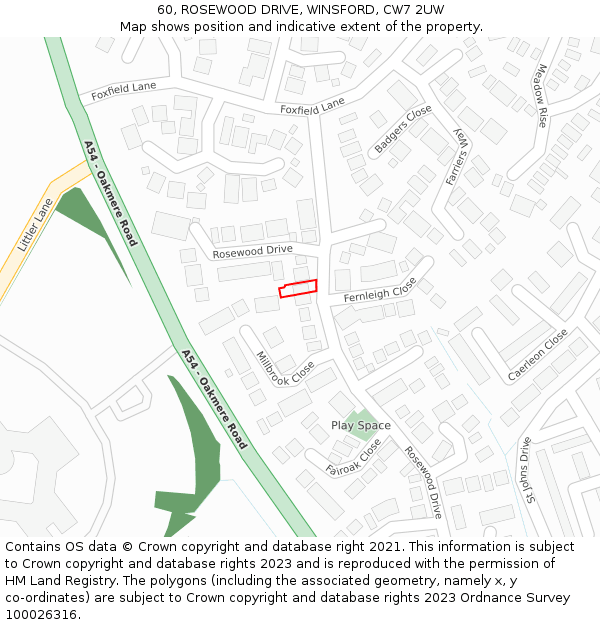 60, ROSEWOOD DRIVE, WINSFORD, CW7 2UW: Location map and indicative extent of plot