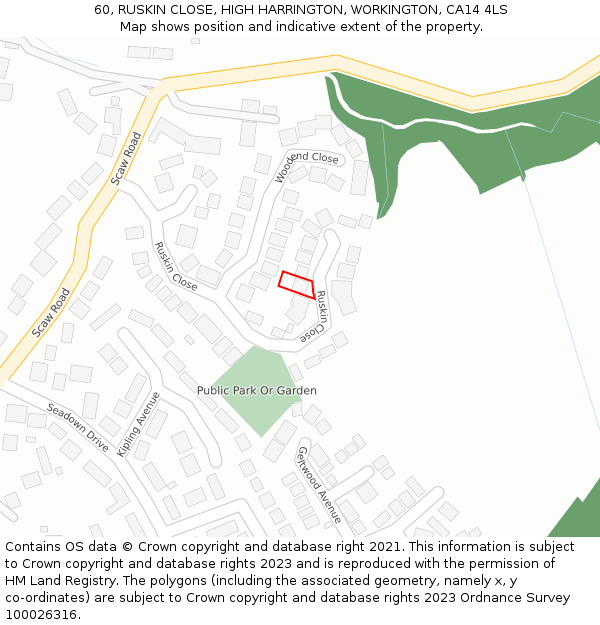 60, RUSKIN CLOSE, HIGH HARRINGTON, WORKINGTON, CA14 4LS: Location map and indicative extent of plot