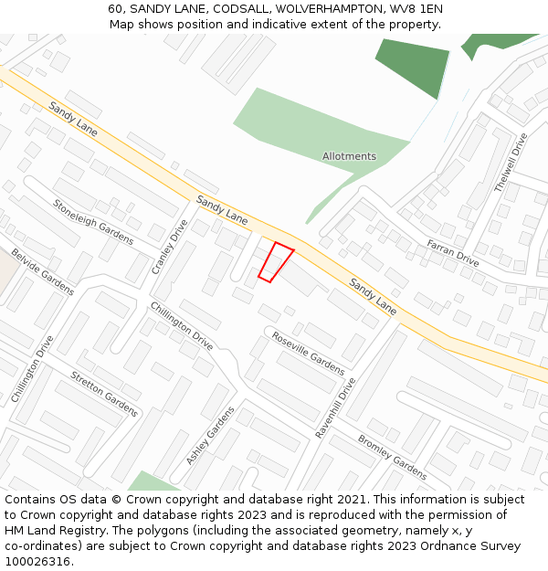 60, SANDY LANE, CODSALL, WOLVERHAMPTON, WV8 1EN: Location map and indicative extent of plot