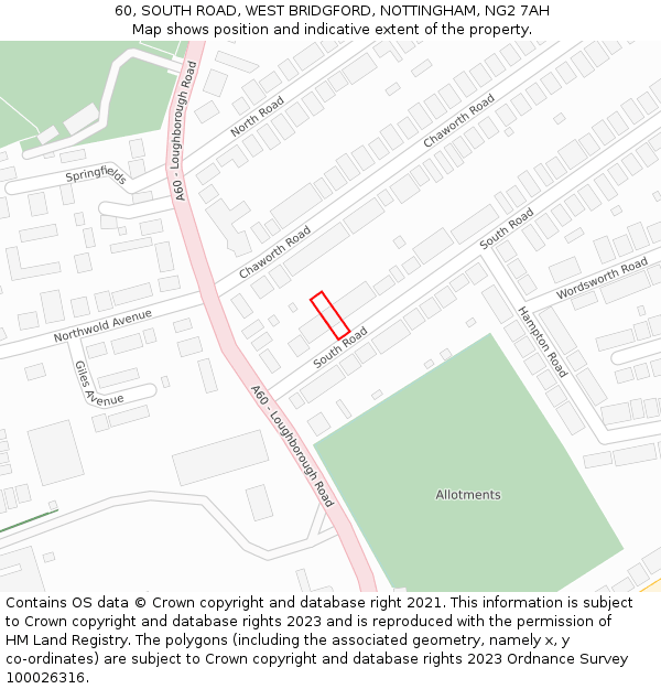 60, SOUTH ROAD, WEST BRIDGFORD, NOTTINGHAM, NG2 7AH: Location map and indicative extent of plot