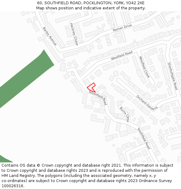 60, SOUTHFIELD ROAD, POCKLINGTON, YORK, YO42 2XE: Location map and indicative extent of plot