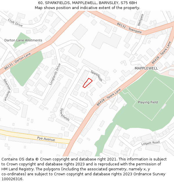 60, SPARKFIELDS, MAPPLEWELL, BARNSLEY, S75 6BH: Location map and indicative extent of plot