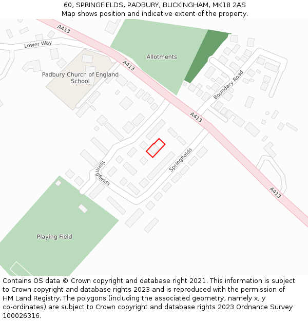 60, SPRINGFIELDS, PADBURY, BUCKINGHAM, MK18 2AS: Location map and indicative extent of plot