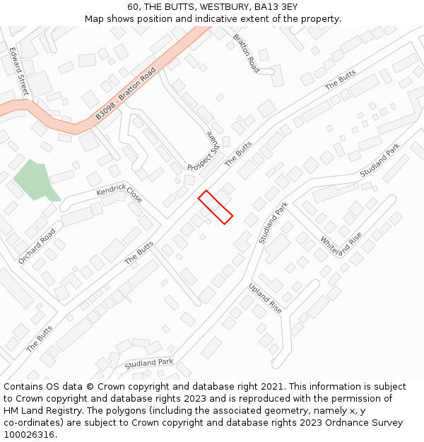 60, THE BUTTS, WESTBURY, BA13 3EY: Location map and indicative extent of plot