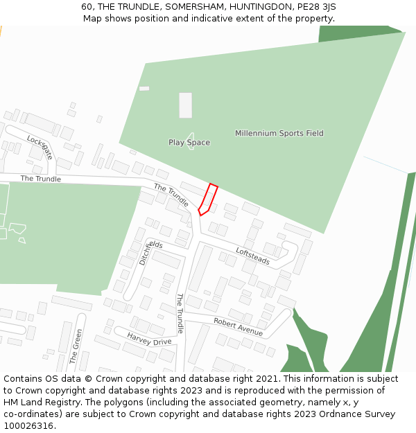 60, THE TRUNDLE, SOMERSHAM, HUNTINGDON, PE28 3JS: Location map and indicative extent of plot