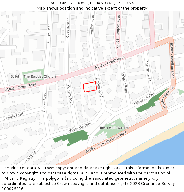 60, TOMLINE ROAD, FELIXSTOWE, IP11 7NX: Location map and indicative extent of plot