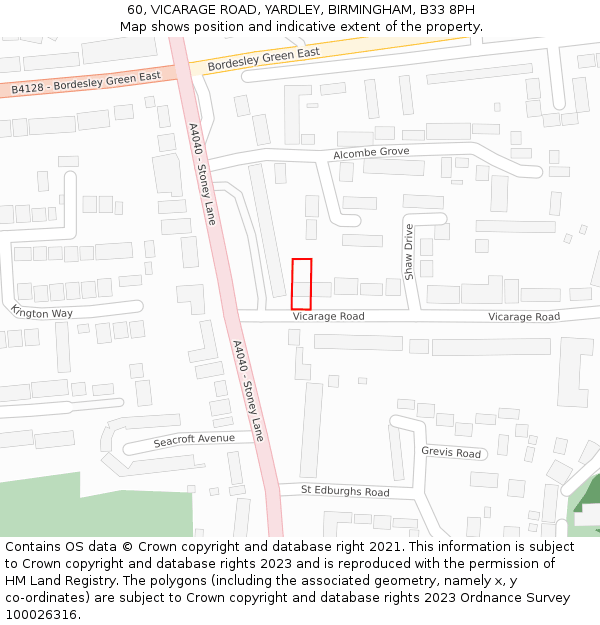 60, VICARAGE ROAD, YARDLEY, BIRMINGHAM, B33 8PH: Location map and indicative extent of plot