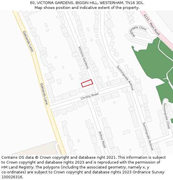 60, VICTORIA GARDENS, BIGGIN HILL, WESTERHAM, TN16 3DL: Location map and indicative extent of plot