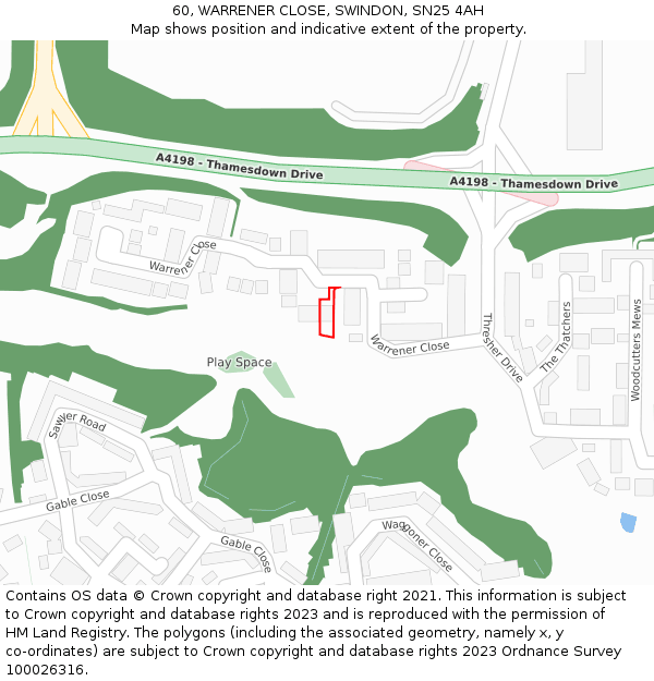 60, WARRENER CLOSE, SWINDON, SN25 4AH: Location map and indicative extent of plot