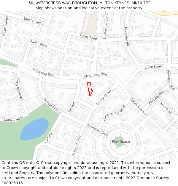 60, WATERCRESS WAY, BROUGHTON, MILTON KEYNES, MK10 7BF: Location map and indicative extent of plot