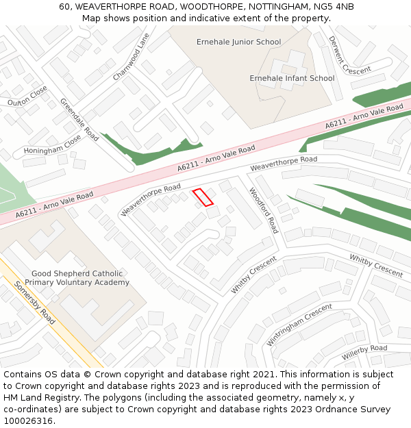 60, WEAVERTHORPE ROAD, WOODTHORPE, NOTTINGHAM, NG5 4NB: Location map and indicative extent of plot