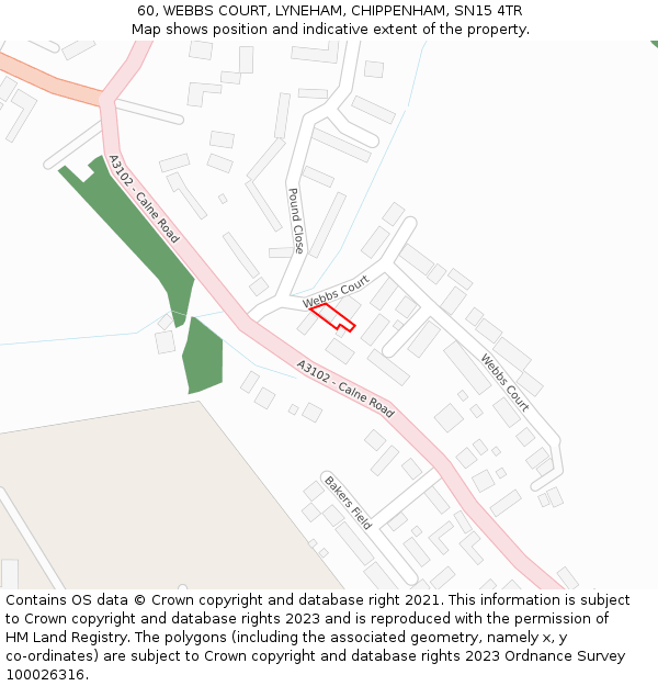 60, WEBBS COURT, LYNEHAM, CHIPPENHAM, SN15 4TR: Location map and indicative extent of plot