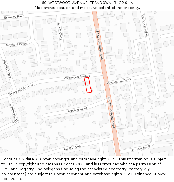 60, WESTWOOD AVENUE, FERNDOWN, BH22 9HN: Location map and indicative extent of plot