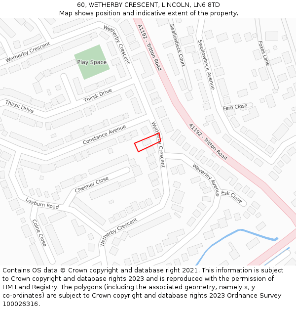 60, WETHERBY CRESCENT, LINCOLN, LN6 8TD: Location map and indicative extent of plot