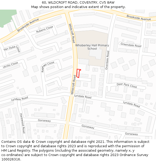 60, WILDCROFT ROAD, COVENTRY, CV5 8AW: Location map and indicative extent of plot