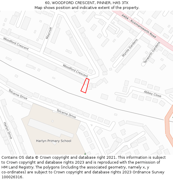 60, WOODFORD CRESCENT, PINNER, HA5 3TX: Location map and indicative extent of plot