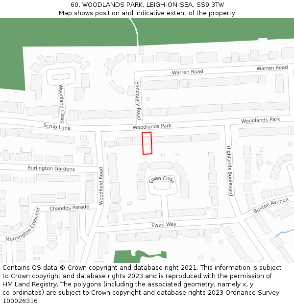 60, WOODLANDS PARK, LEIGH-ON-SEA, SS9 3TW: Location map and indicative extent of plot