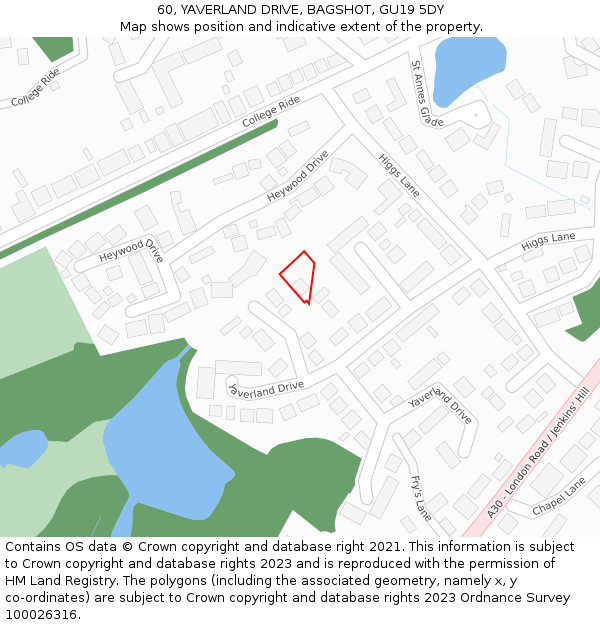 60, YAVERLAND DRIVE, BAGSHOT, GU19 5DY: Location map and indicative extent of plot