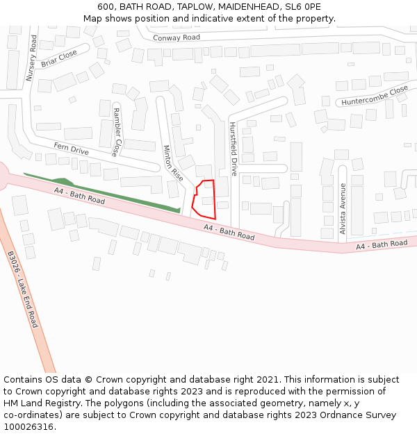 600, BATH ROAD, TAPLOW, MAIDENHEAD, SL6 0PE: Location map and indicative extent of plot