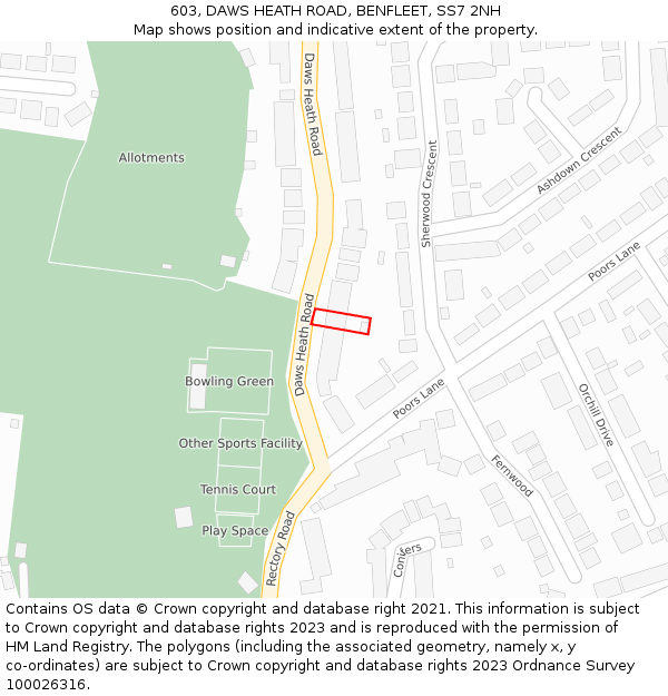 603, DAWS HEATH ROAD, BENFLEET, SS7 2NH: Location map and indicative extent of plot